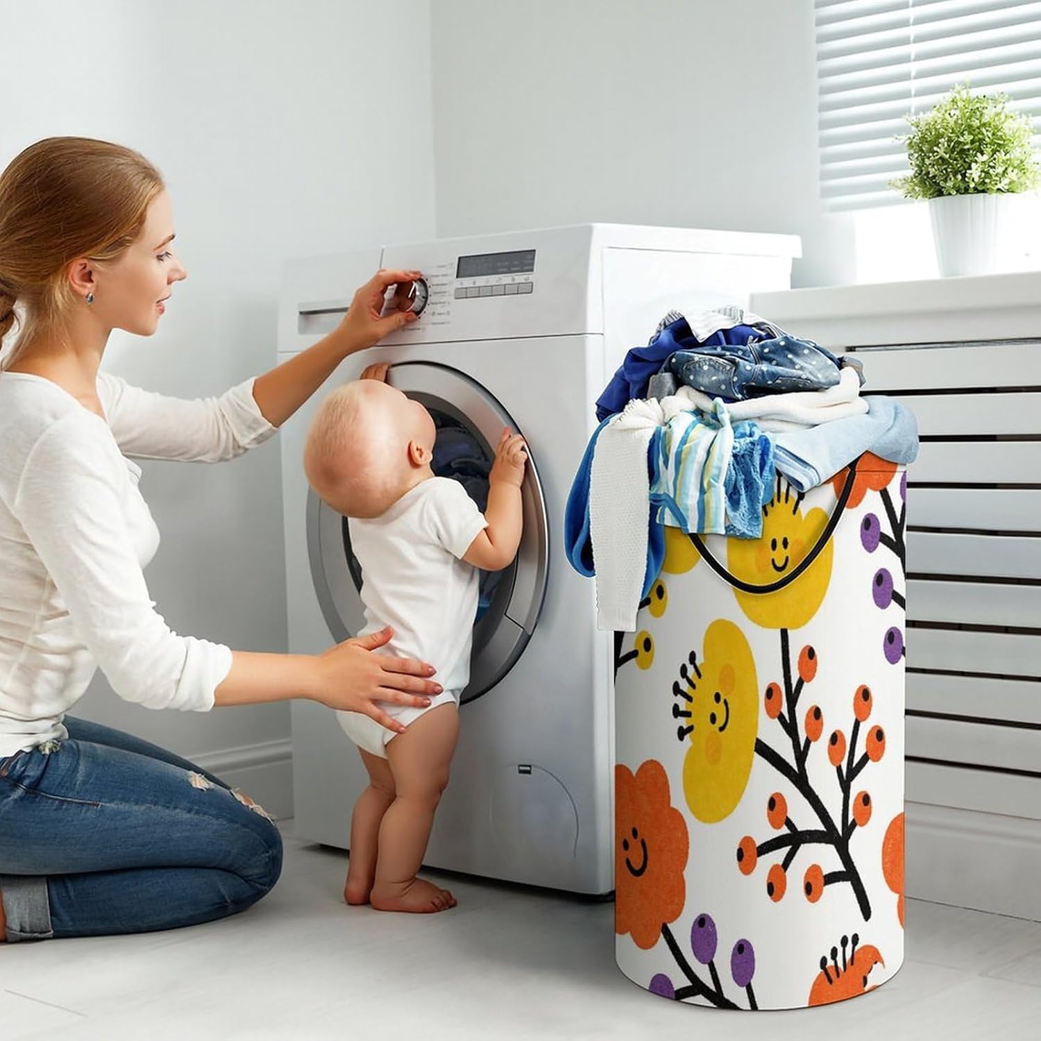 Flower Branch Pattern Cute Laundry Hamper 86L Waterproof Collapsible Clothes Basket with Double Handles Freestanding Foldable Laundry Basket Large Clothes Hamper for Bathroom