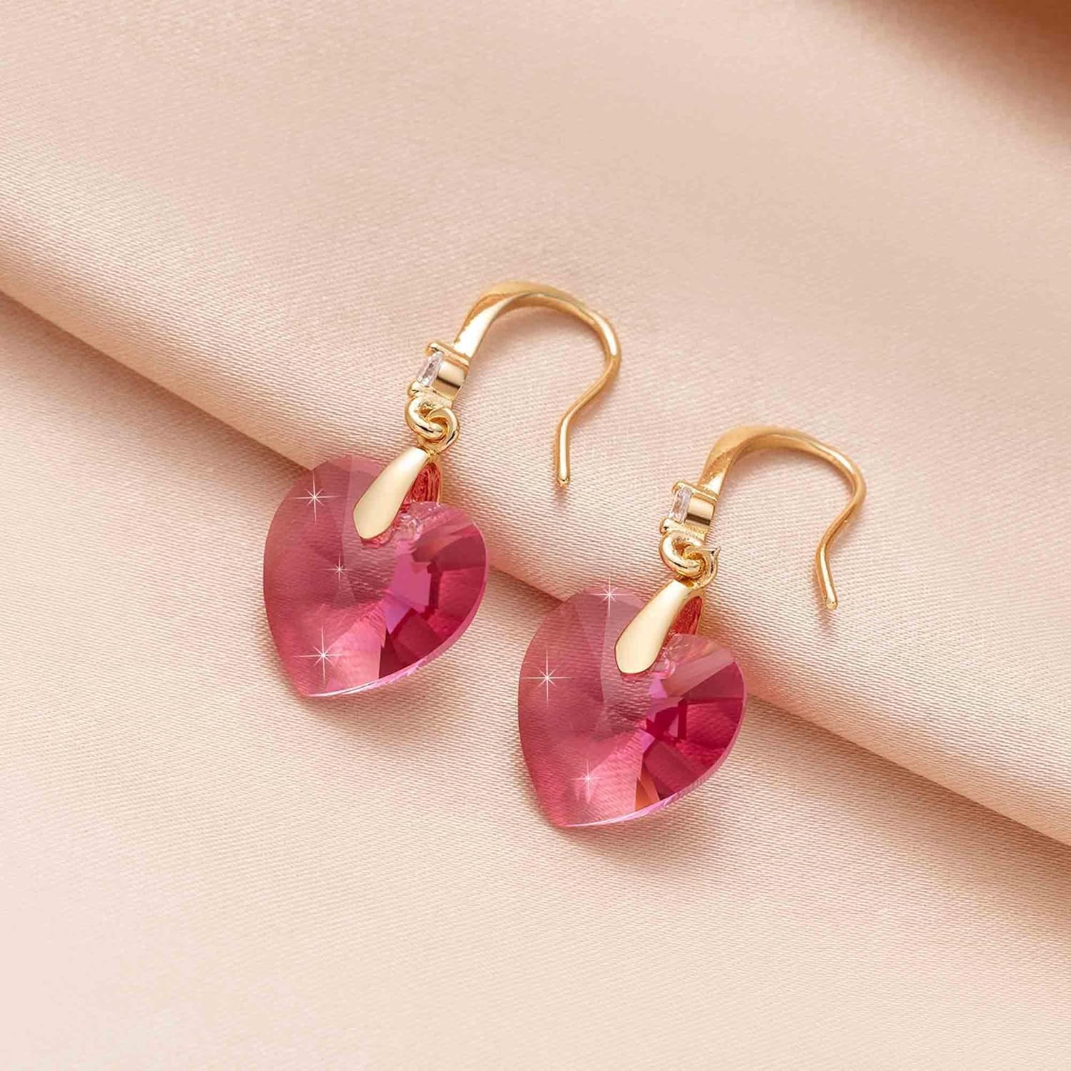 Austrian Crystal Heart Dangle Drop Earrings for Women 14K Gold Plated Hook Earring Hypoallergenic Jewelry