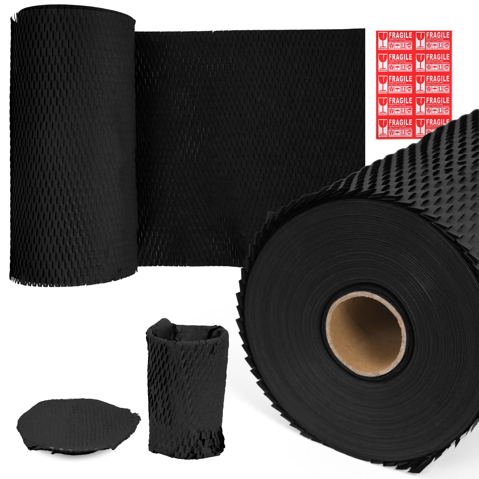 FXKS Black Honeycomb Packing Paper 2 Rolls, 38cm x 50 m, 100 Fragile Labels — image 1