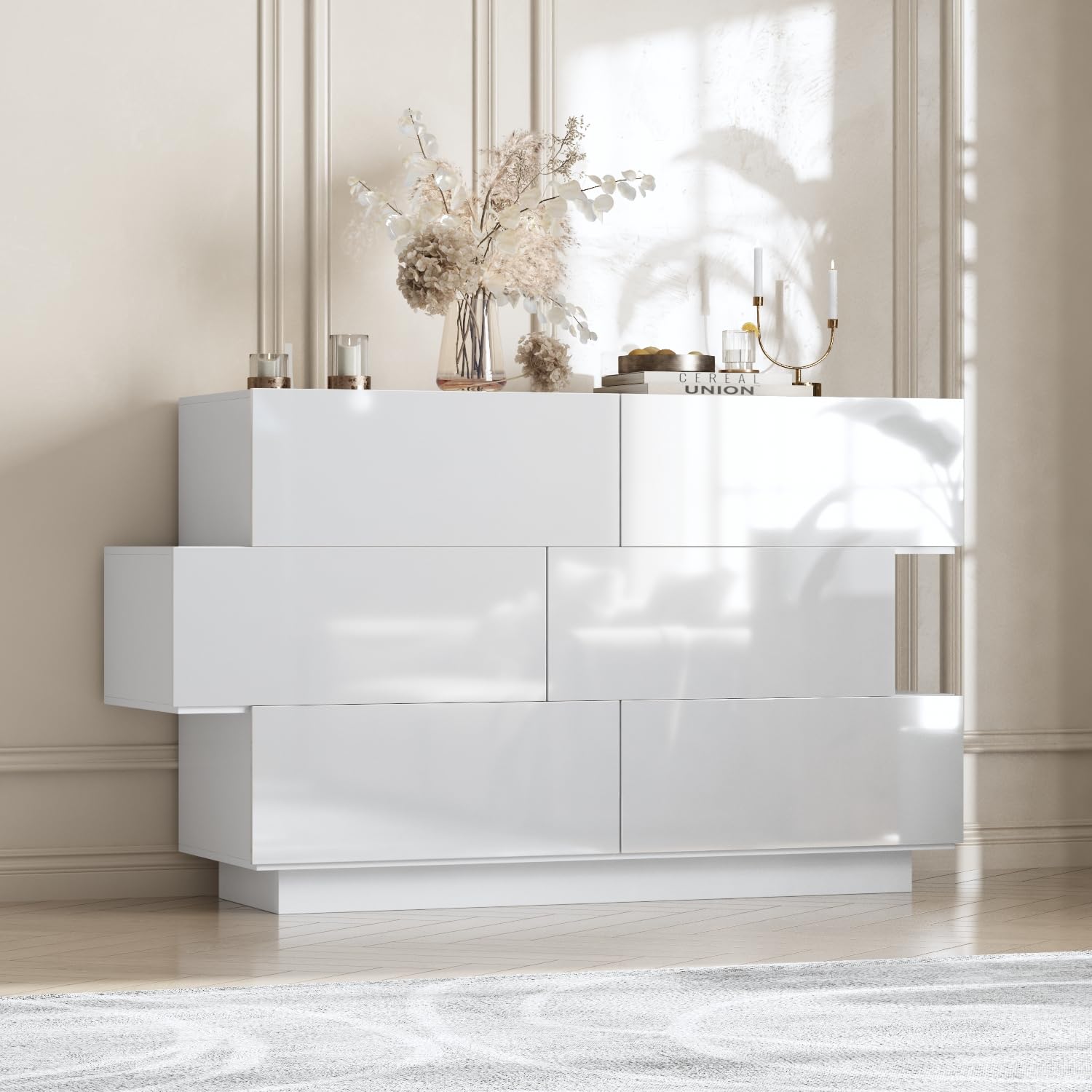 Amazon.com: ROMSHINE White Drawer Dresser for Bedroom, Modern High Gloss  Dresser with 6 Drawers, Storage Chest of Drawer with Asymmetrical Design  for Bedroom, Living Room, Entryway : Home & Kitchen