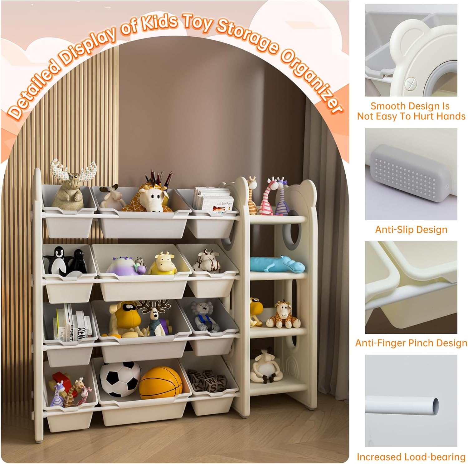 Kids Toy Storage Organizer with 12 Removable Plastic Bins, Modern Toy Organizer Kids Book Rack Storage Bookshelf,Kids and Toddler Toy Storage for Playroom,Daycare and Nursery,4 Tiers - Image 5