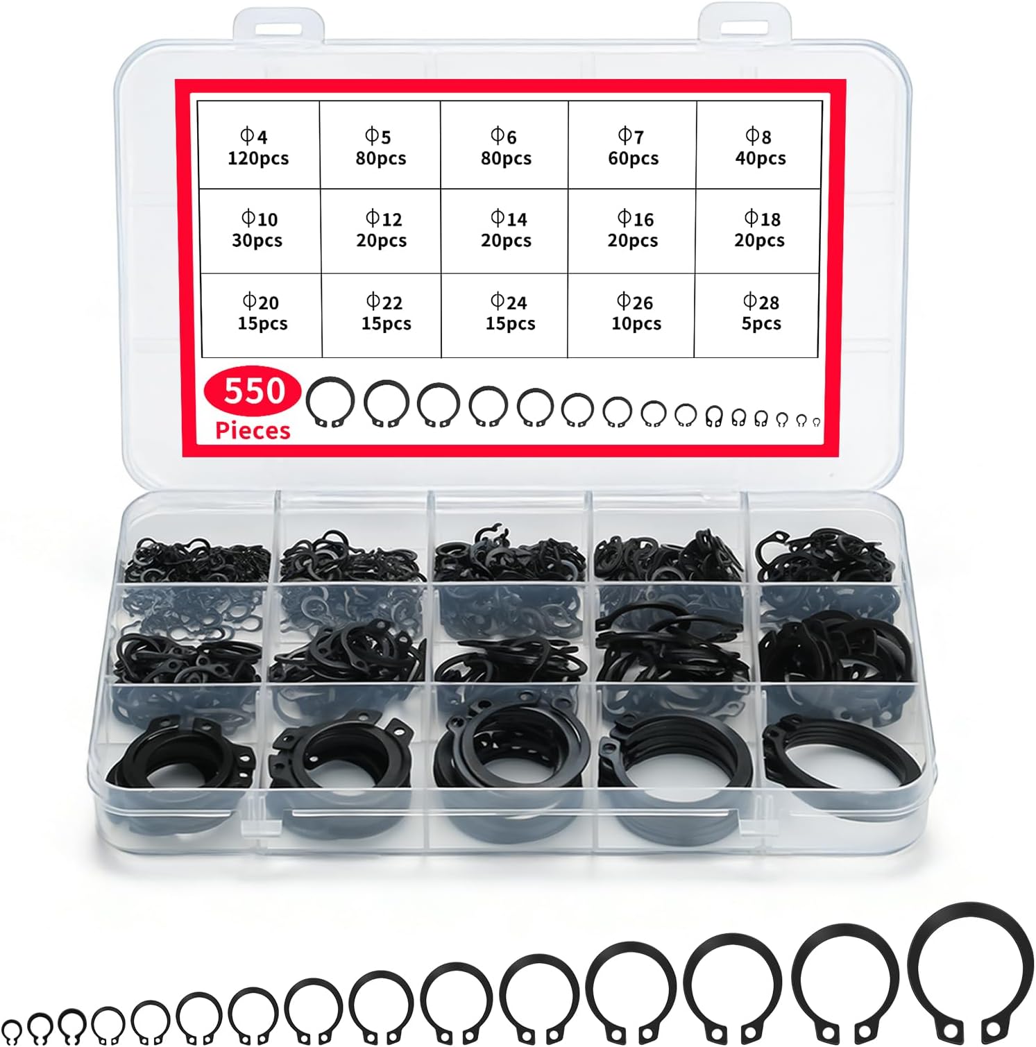 550 Pcs Circlips Set, E-Clips Snap Rings, External Retaining Ring Assortment Set, C-Clips, Snap Circlips Washer Split Buckle Washers, M4-M28