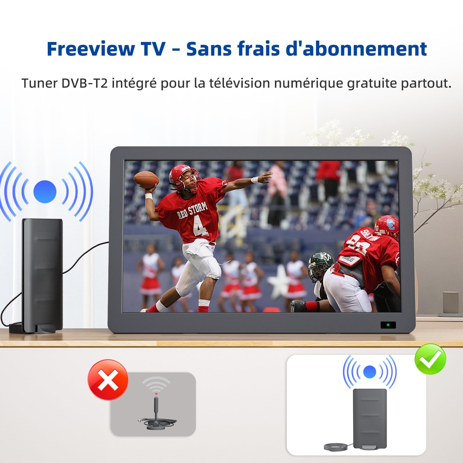Desobry Téléviseur Portable 14.3 Pouces avec antenne, Petit téléviseur Portable avec Tuner DVB-T2, Mini téléviseur LCD Qui Peut être rechargé avec des Piles