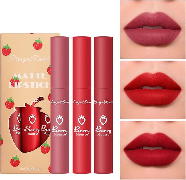 3Pcs Matte lipgloss Set, Strawberry Matte Lipstick Set,Matte Nude liquid Long-Lasting Wear Non-Stick Cup Not Fade Waterproof Lip Gloss, Makeup Gift labiales mate for Girls and Women