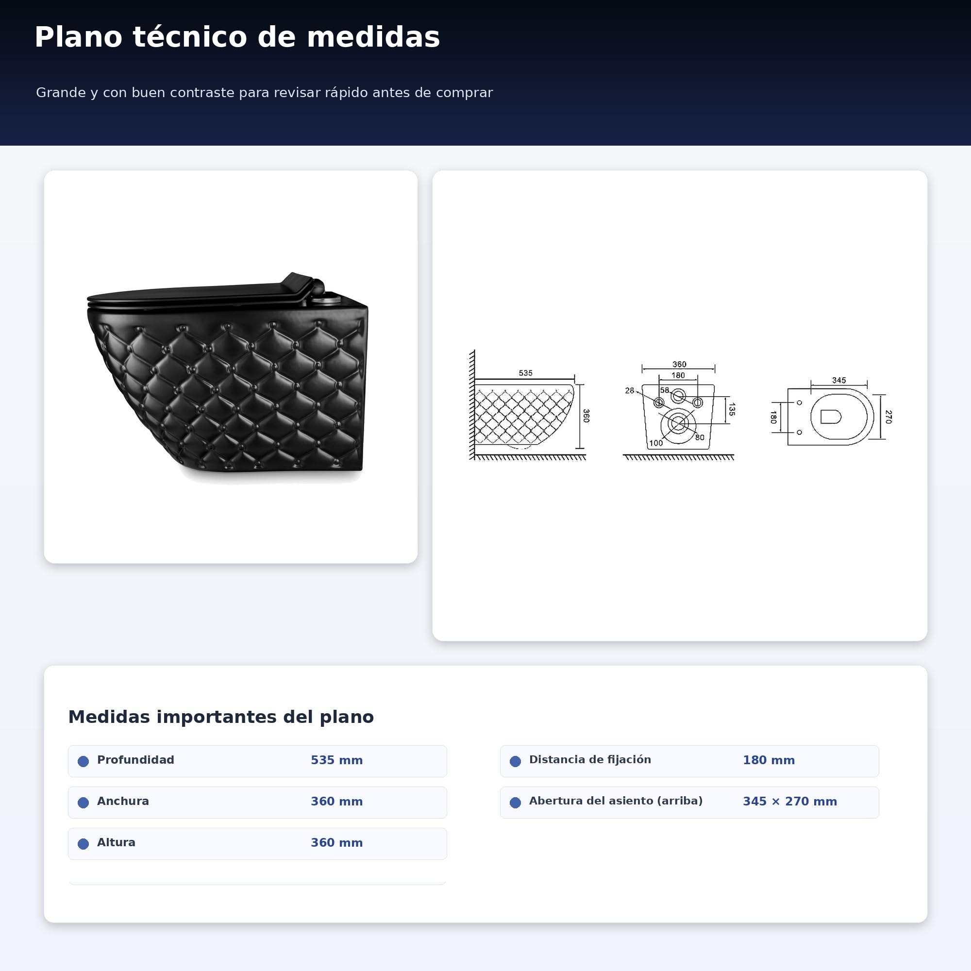 Inodoro colgante negro mate, pared inodoro sin bordes, con asiento de cierre suave