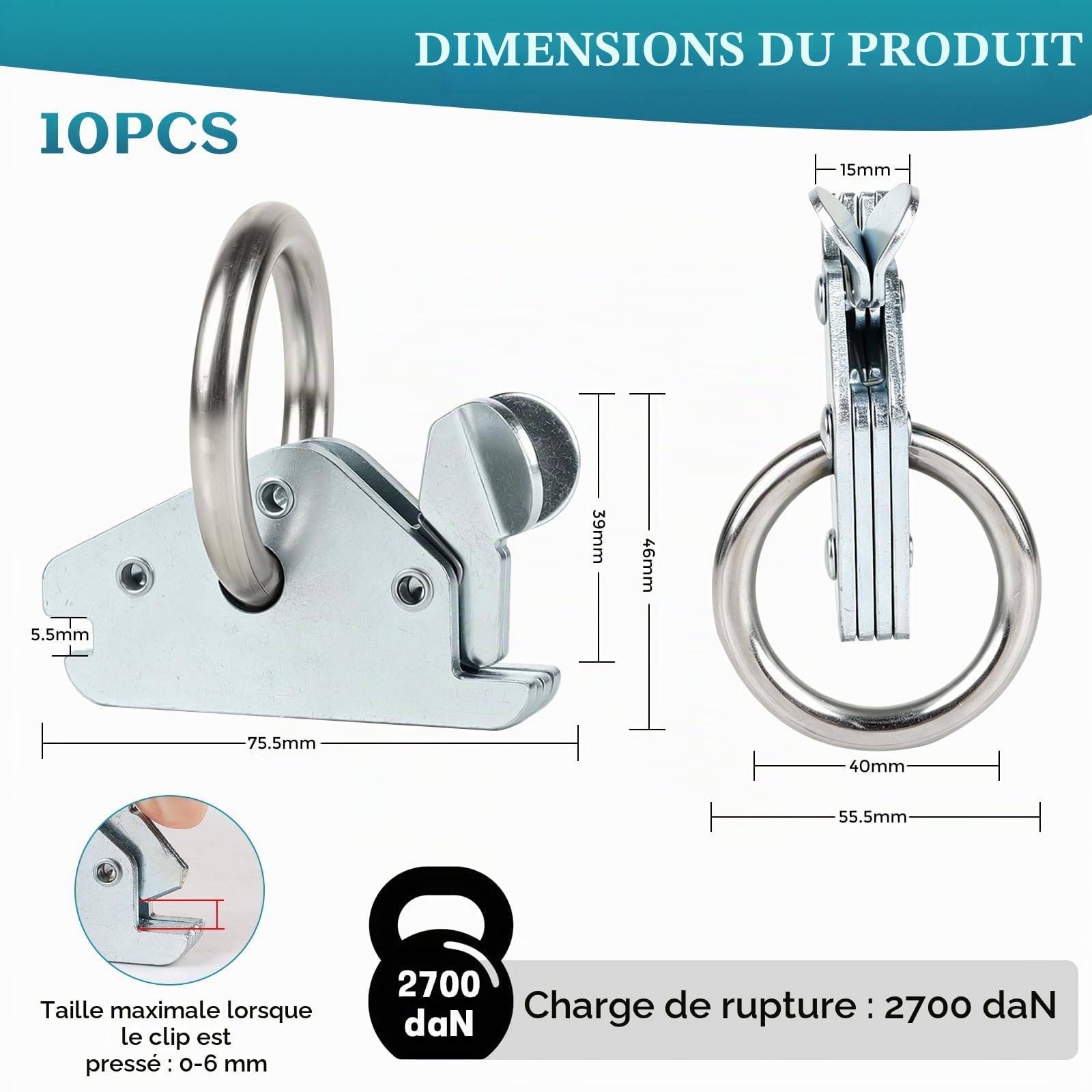 EXLECO 10 pièces de sangles de chargement combi pour remorques, rails E de 61 mm, accessoires de fixation de charge, embouts de fixation avec anneau de φ39 mm, ancres de charge haute performance, pour
