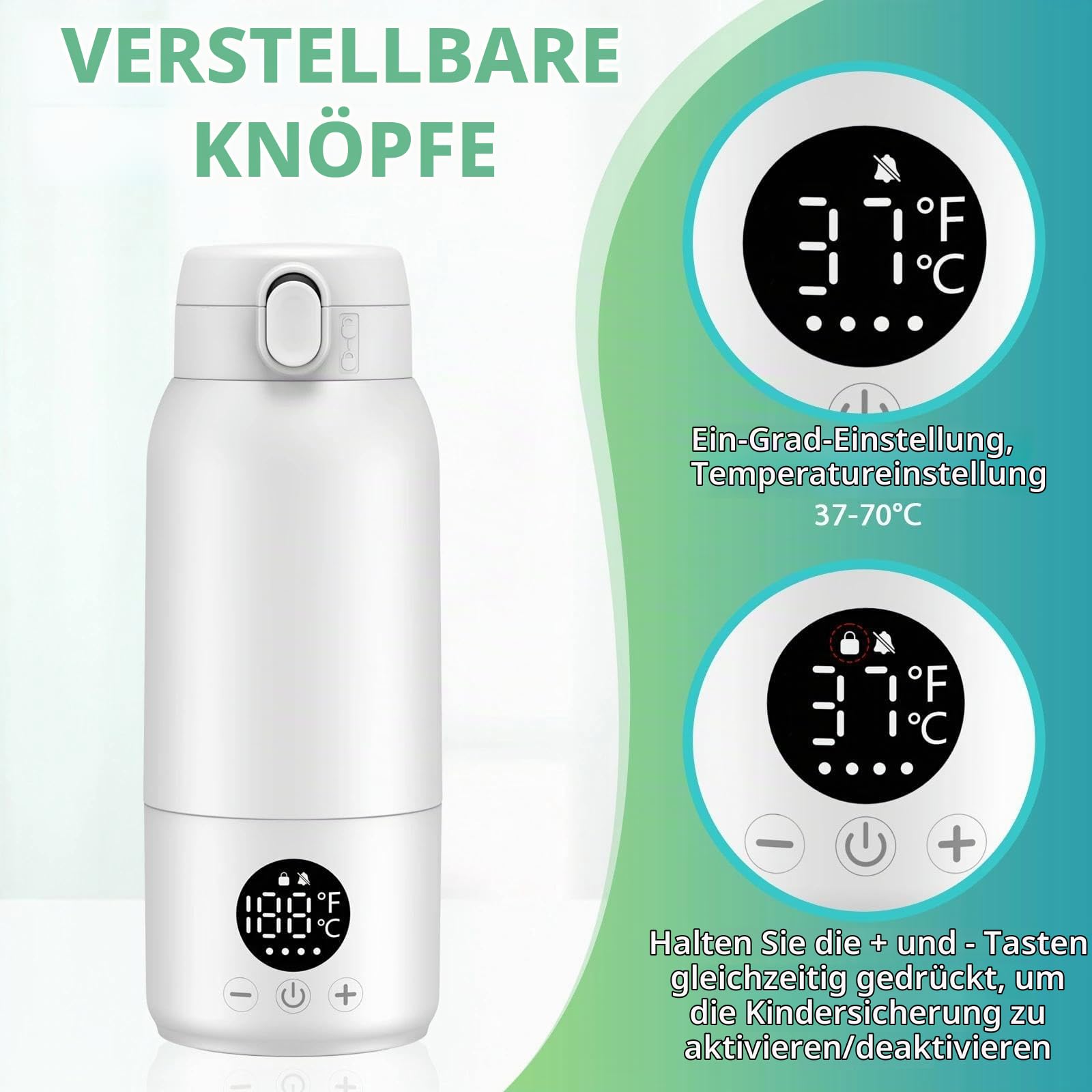 Tragbarer Flaschenwärmer Baby Unterwegs 500ml Flaschenwärmer mit Lange Akkulaufzeit 11000mAh 35-70℃ Einstellbar Babyflaschenwärmer Schnelles Aufheizen für Muttermilch und Wasser