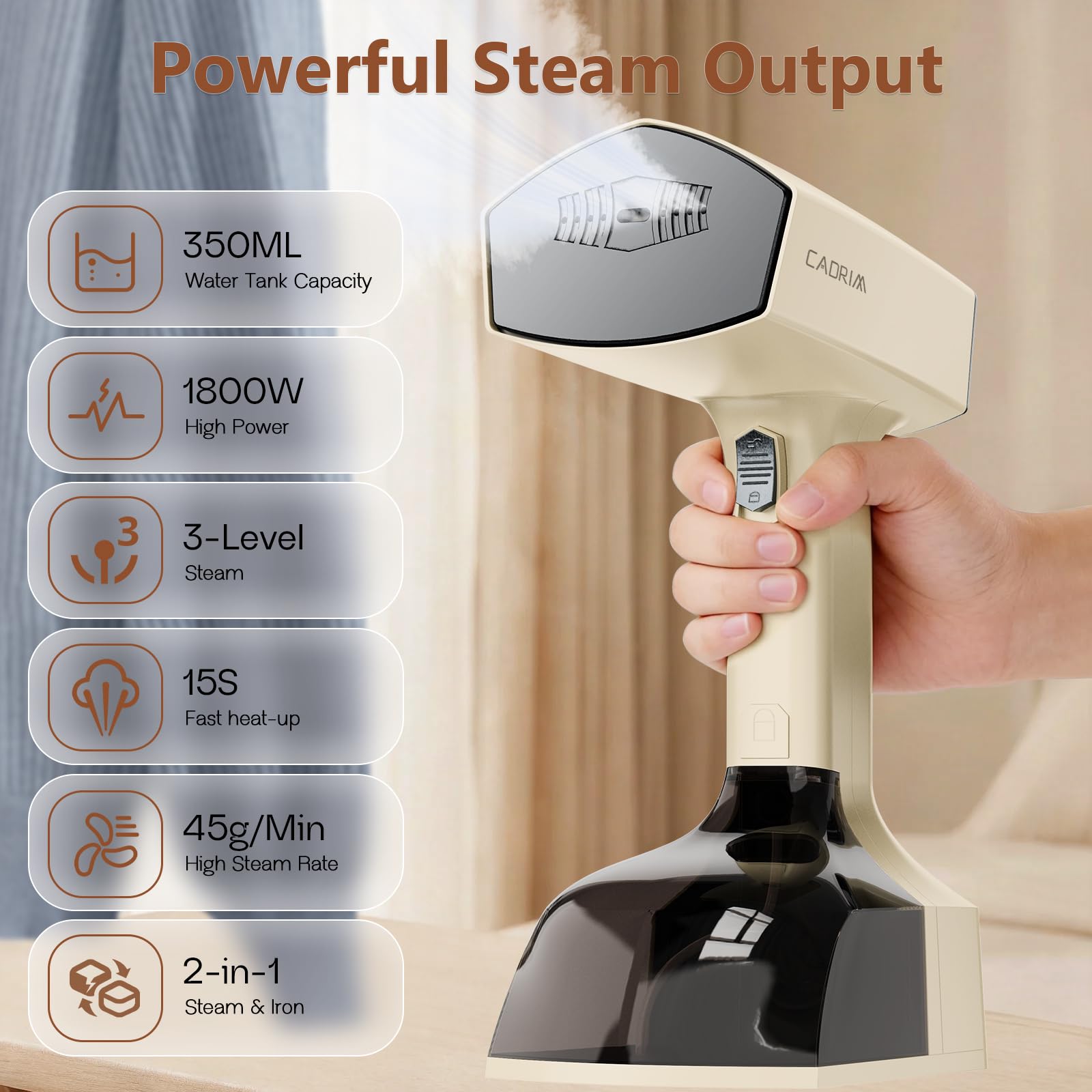 Cadrim Steamer - Ferro da stiro a vapore, 2000 W, serbatoio dell'acqua da 350 ml, portatile, con 3 livelli di vapore, ferro da stiro da viaggio per casa, ufficio, viaggi (bianco)