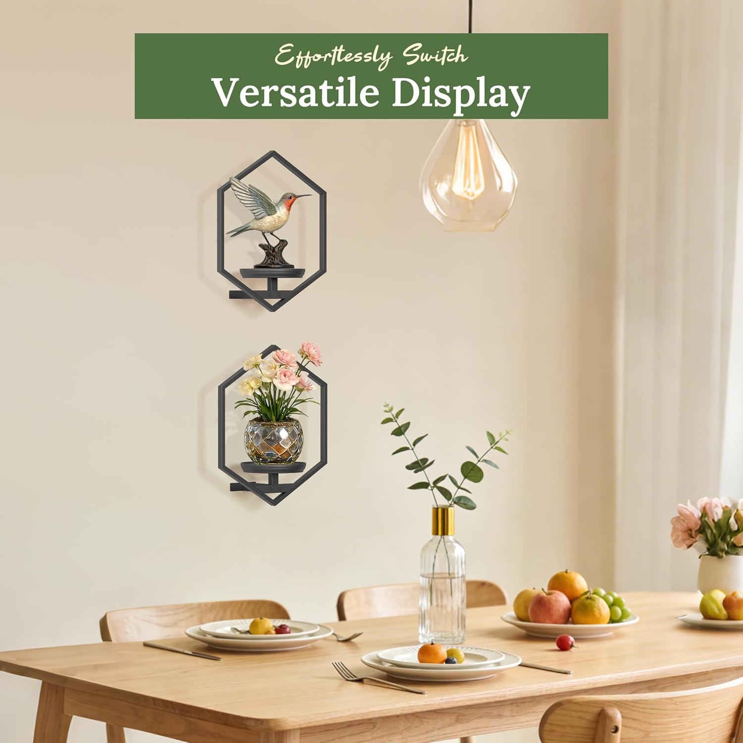 BXF Wall Planters for Indoor Plants, Hexagon Carbon Steel Plant Stand, Unique Wall Mounted Holder, Floating Shelves for Living Room Decor, Hanging Plant Shelf, Black, 2 Pack