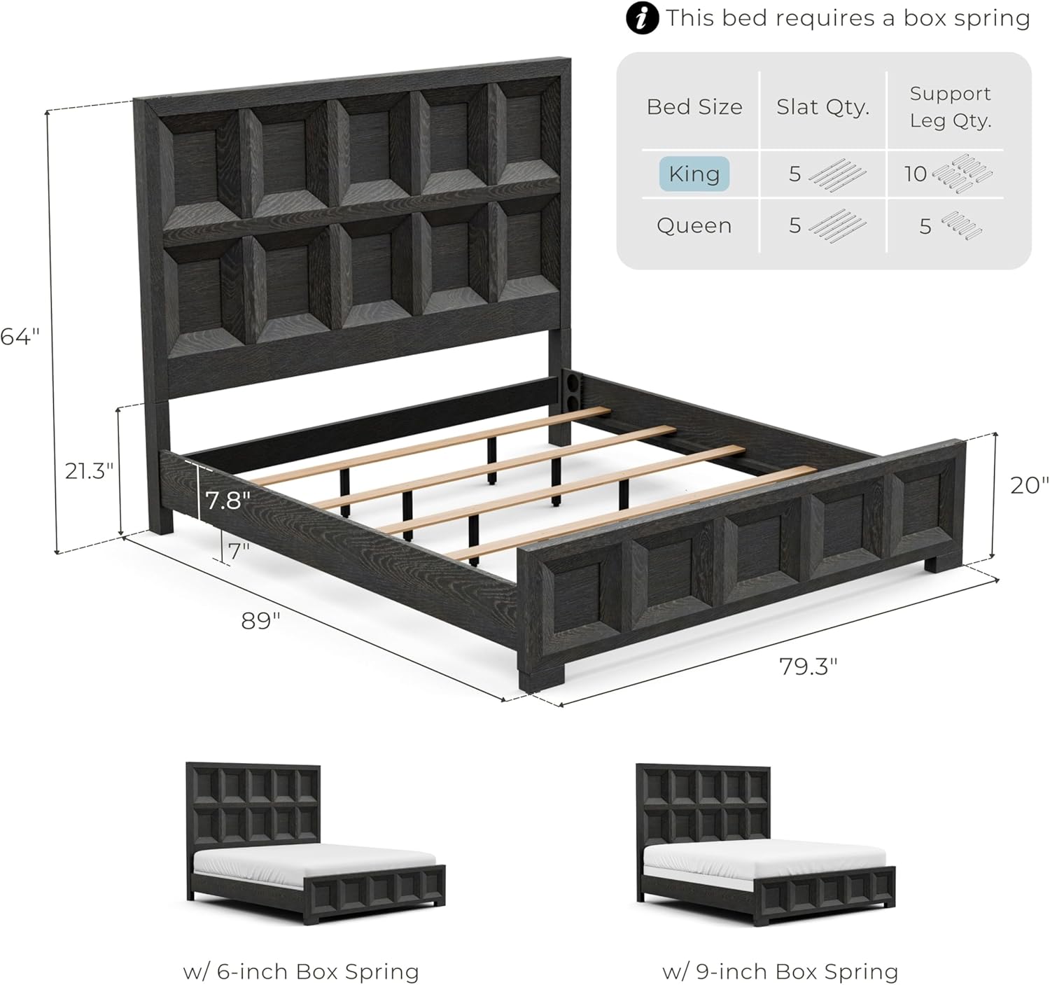 Furniture of America Dannen Modern Classic Solid Wood Bed Frame with Ornamental Coffered Panels, Wooden Bedframe for Bedroom, Guest Room, Box Spring Needed, Weathered Black, King
