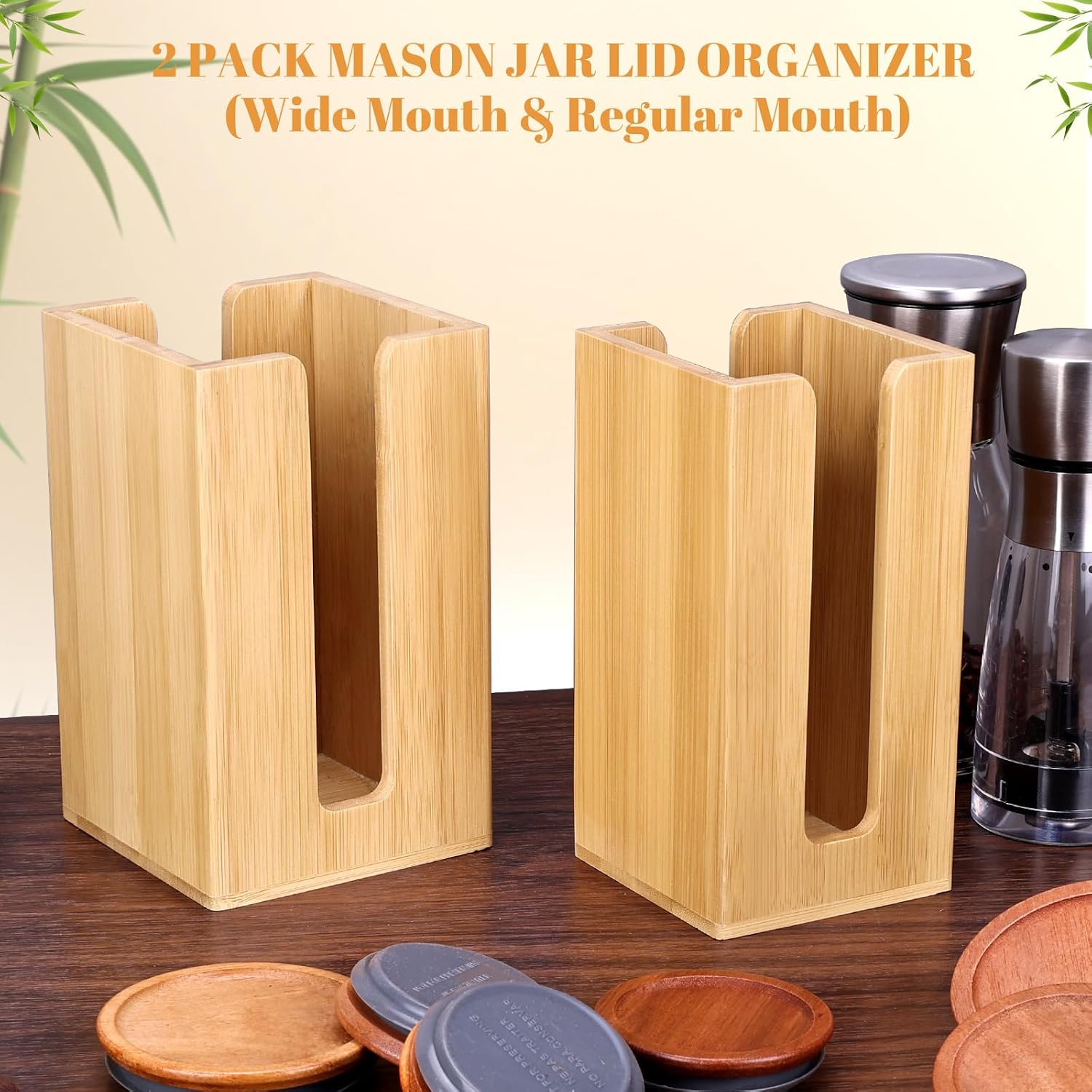 2 Pack Square Bamboo Mason Jar Lid Organizer, Vertical Canning Lid Storage Holder for Wide Mouth & Regular Mouth Lids, Fits 20-24 Mason/Canning/Bamboo Lids，Modern Kitchen Organization Accessories