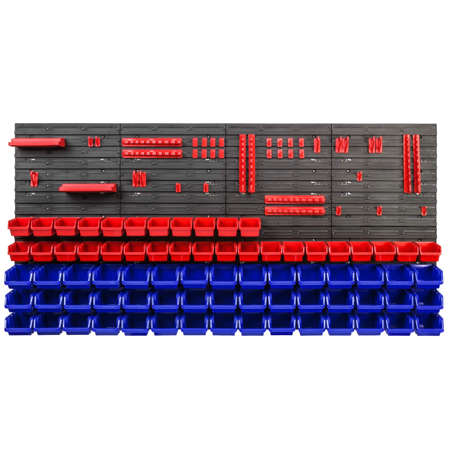 PAFEN Lagersystem - 1544 x 780 mm - Wandregal 75x Rot/Blue Stapelboxen und 38 Stück Rot Werkzeughalter | Wandplatten mit Zubehörteile