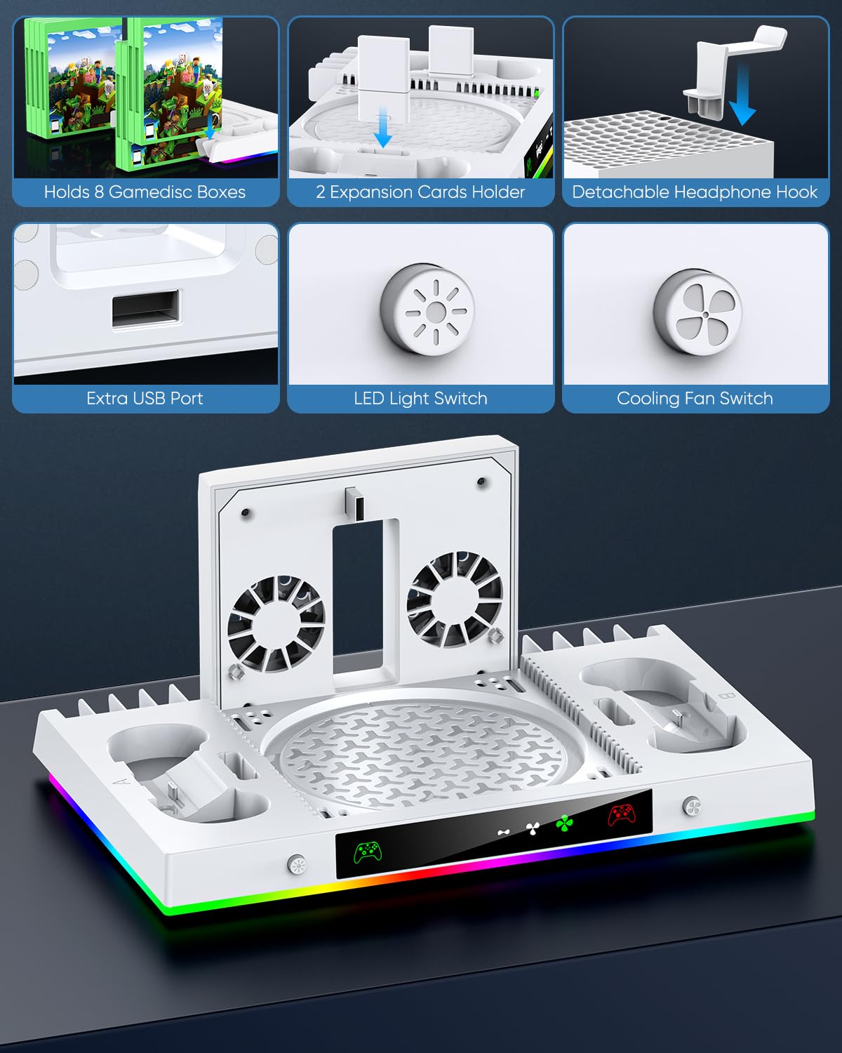 Ventilador de refrigeración mejorado y soporte de carga dual para consola Xbox Series X y controlador, sistema de estación de carga para serie X con 15 luces RGB, 2 baterías recargables de 1400 mAh,