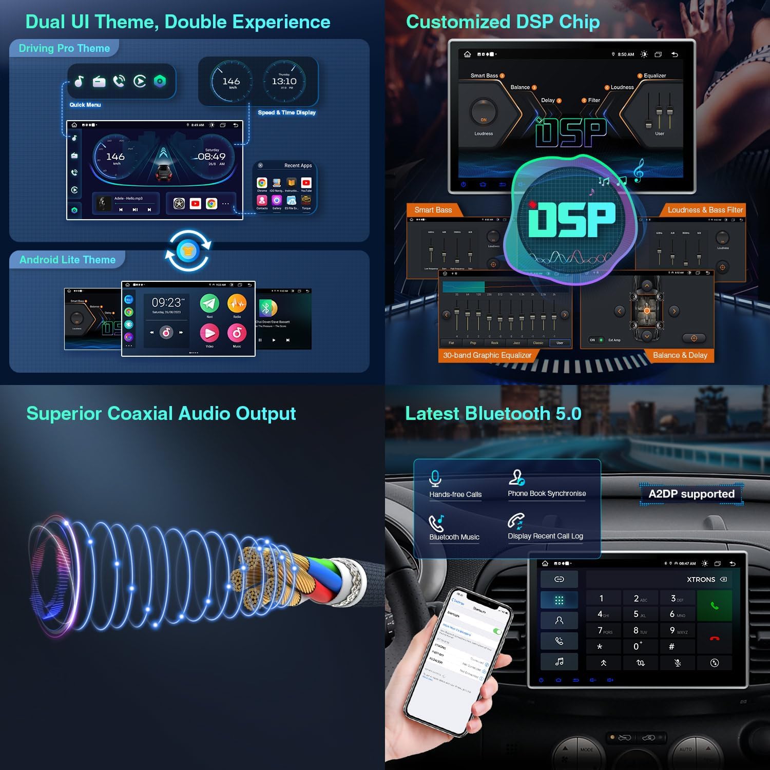 Screenshots showing two different user interface themes available on the XTRONS car stereo, along with details on DSP, coaxial audio output, and Bluetooth 5.0.