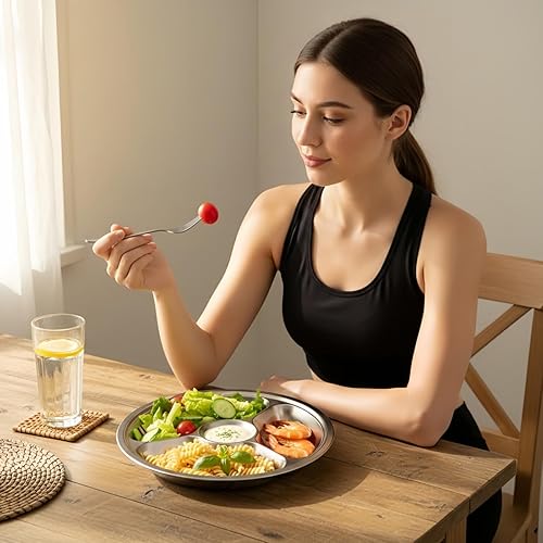 Vista 6 de ZOOFOX Juego de 4 platos divididos de acero inoxidable, placas de control de porciones con 4 secciones, bandeja redonda para servir, bandeja