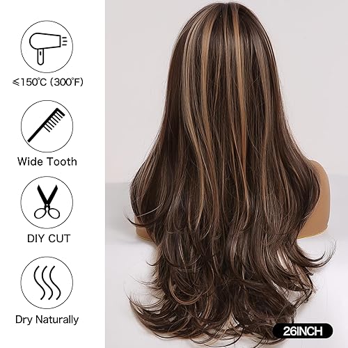 Miniatura 3 de Pelucas rubias y marrones con reflejos, partición media, pelucas largas onduladas para mujer, aspecto natural, peluca de fibra resistente al calor,