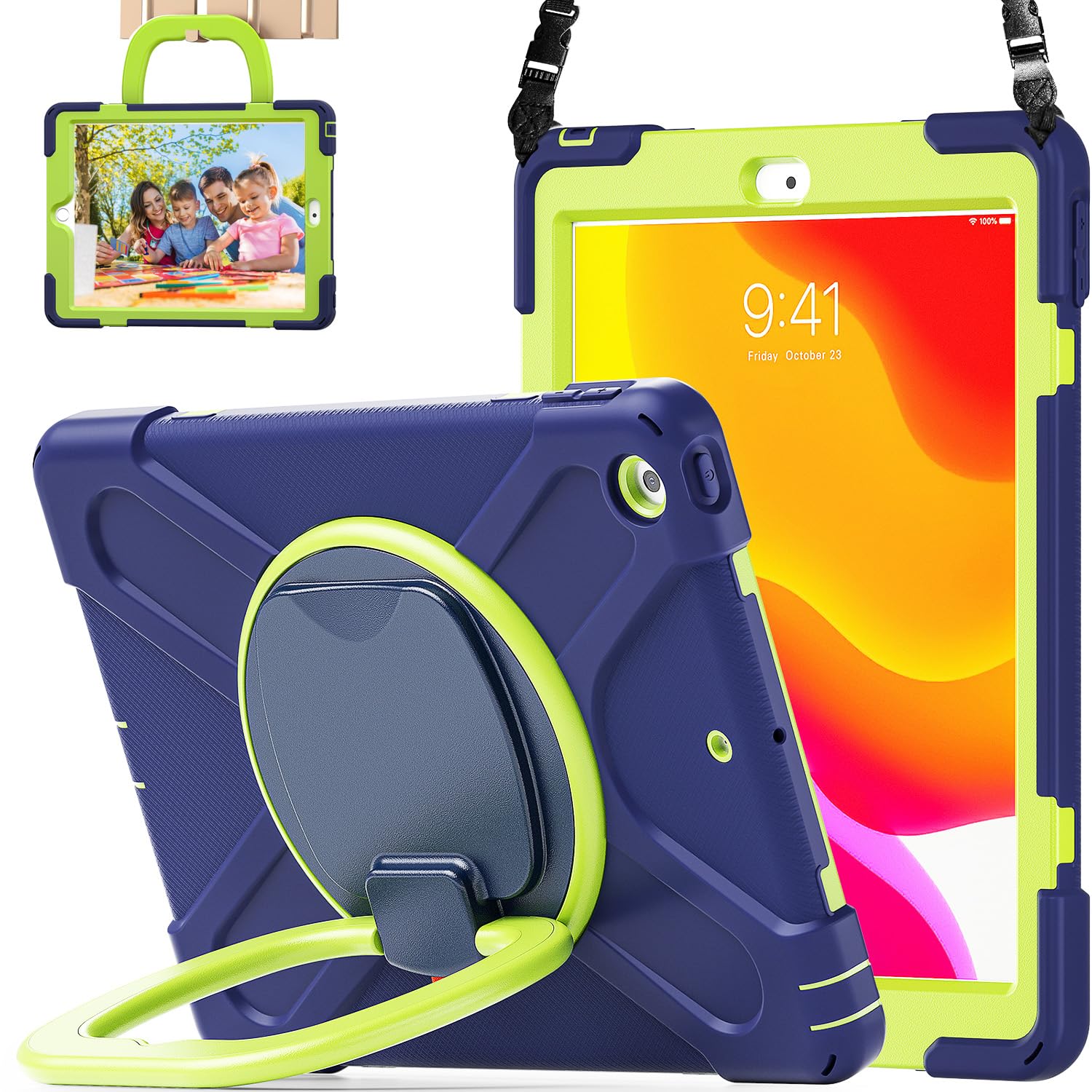 LX-SUNCX for iPad 10.2 Case 9th Generation 2021 / 8th Gen 2020 / 7th 2019,Shockproof Kids Case with Screen Protector,Rotating Stand/Pencil Holder/