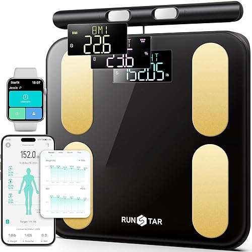 RunStar Báscula para peso corporal y grasa, IMC masa muscular hasta 28 composición corporal, Báscula digital de baño elegible para FSA y HSA, 8