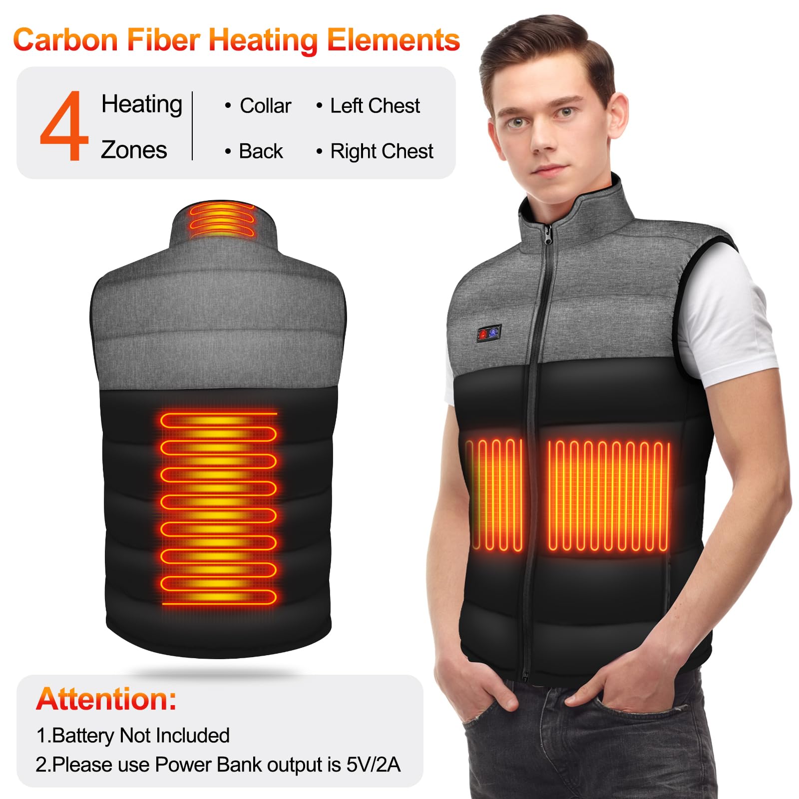 Tonfarb Gilet Riscaldato Uomo, Gilet Riscaldante Uomo con 4 Zone Riscaldamento, 3 Livelli Temperatura, Elettrico Giubbotto Riscaldato per Attività All'aperto, Pesca, Sci (Batteria Non Inclusa)