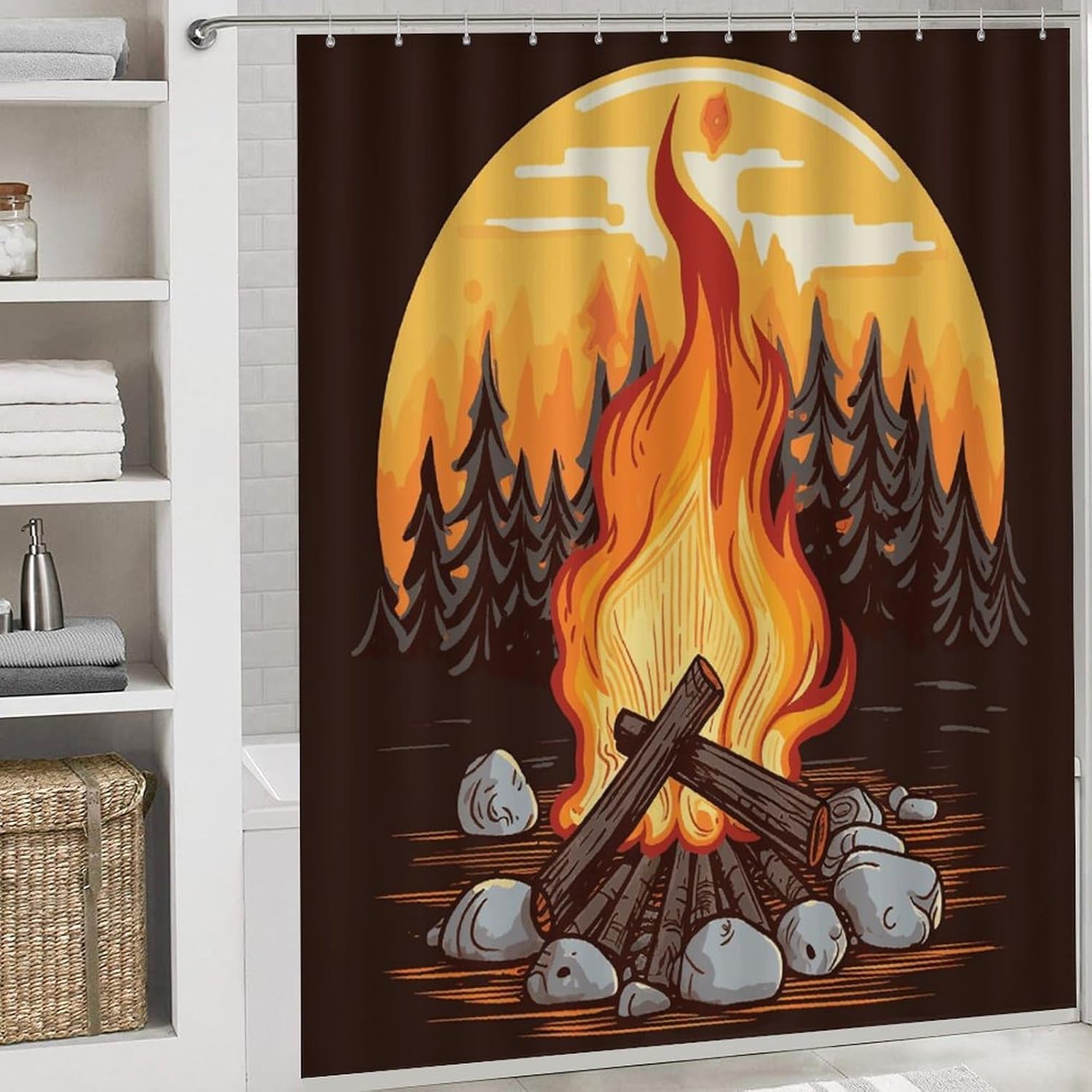 Bonfire Shower Curtain Set 4 Piece, Non-Slip Bath Mat with Toilet Lid Cover and Waterproof Shower Curtain with 12 Hooks, Complete Bathroom Set for Home Decor