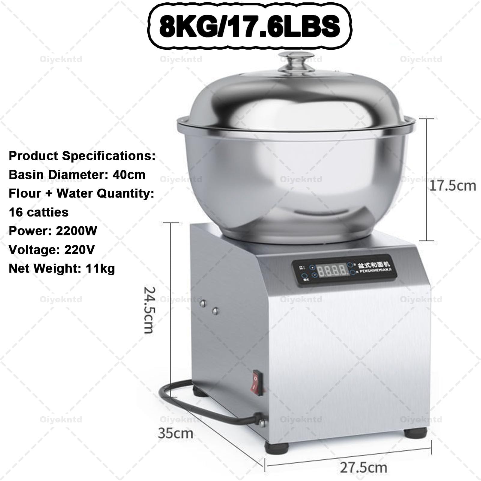 Impastatrice a doppia rotazione, impastatrice commerciale, con ciotola in acciaio inossidabile per uso alimentare, coperchio e timer, impastatrice a spirale elettrica per ristoranti 8KG/17.6LBS
