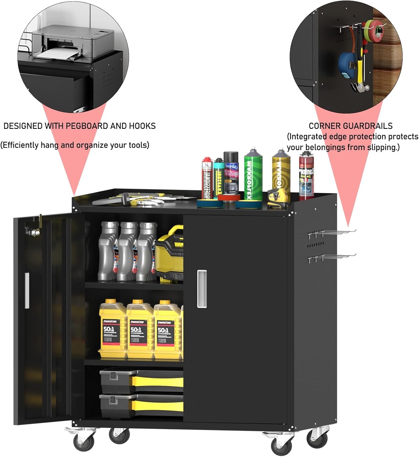 Washsemba Metal Garage Storage Cabinet with Wheels ，Lockable Rolling Tool Chest on Wheels, Utility Cabinet for Home, Office, Garage and Workshop(Black)