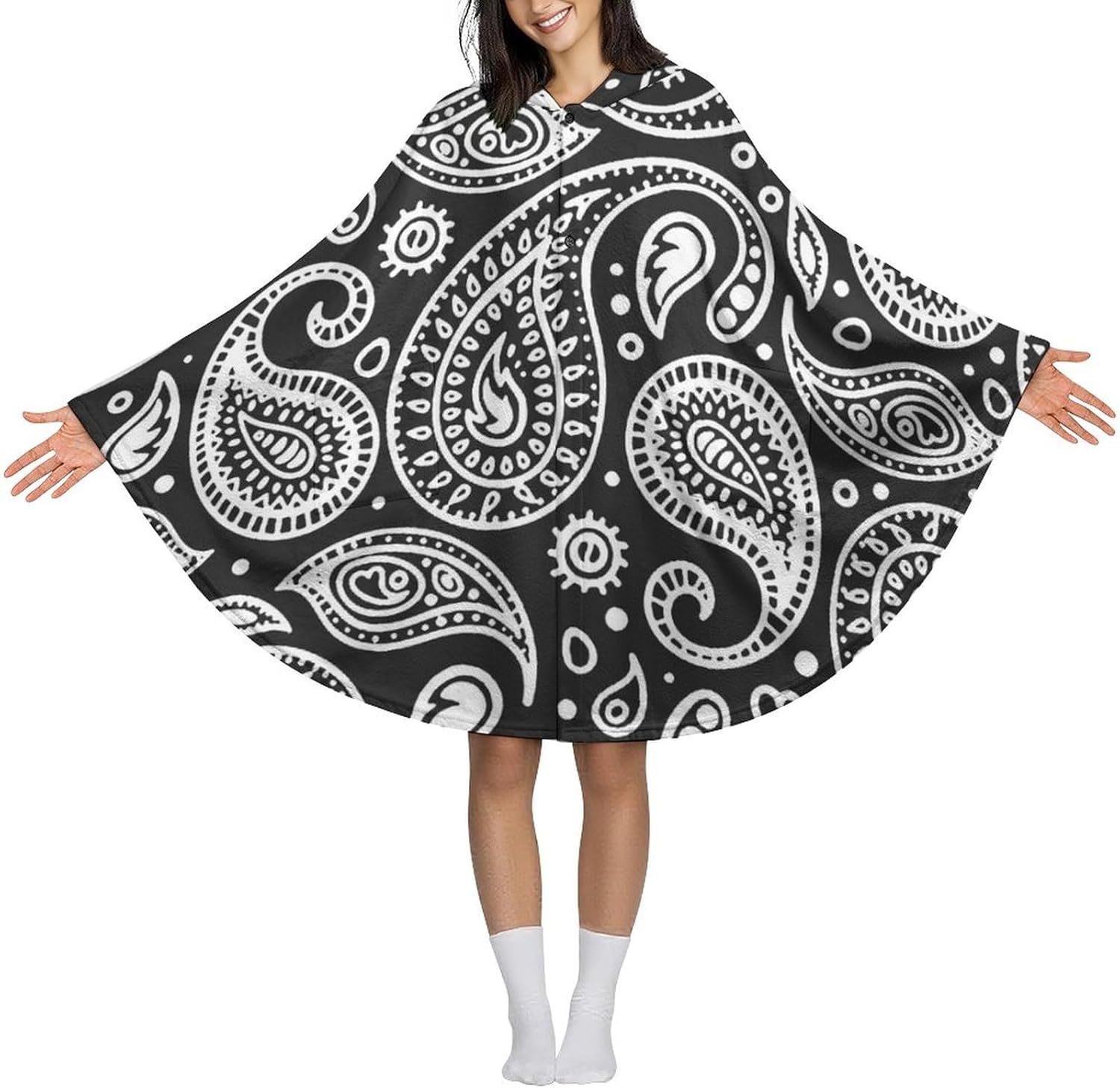 Black White Bandana Paisley Wearable Blanket with Hooded Flannel Blankets Cape with Pocket