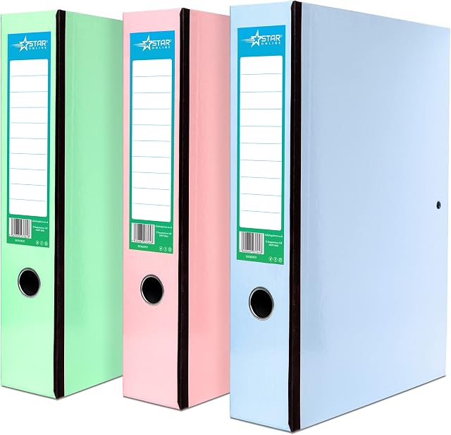 Office Box Files Pastel Colours Pull and Catch Lock Spring Foolscap Paper Over Board Document File 75mm - Pack 3