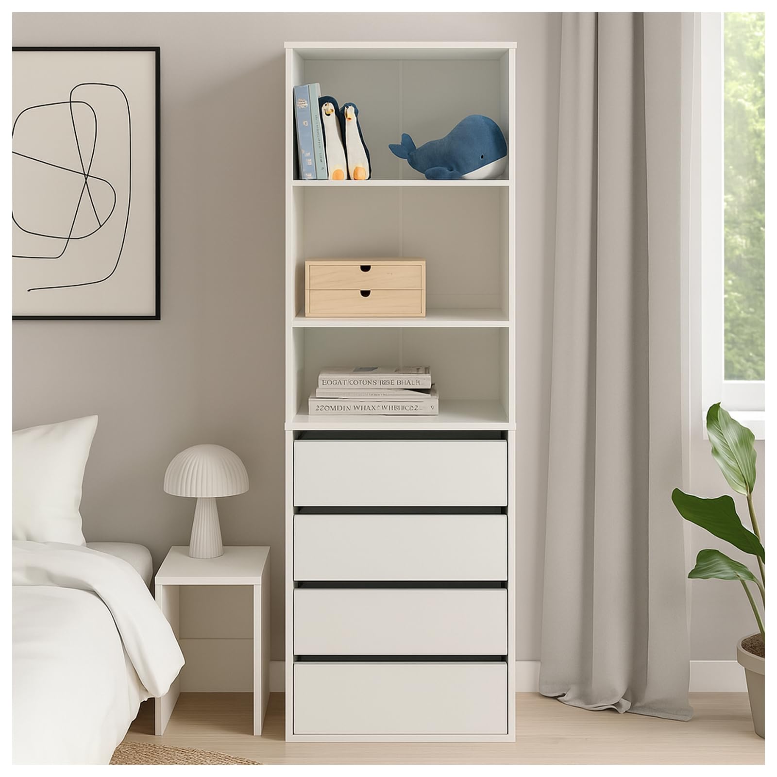 HTI living Hohe offene Kommode 3 Regalfächer 4 Schubladen Highboard Standregal Mehrzweckschrank