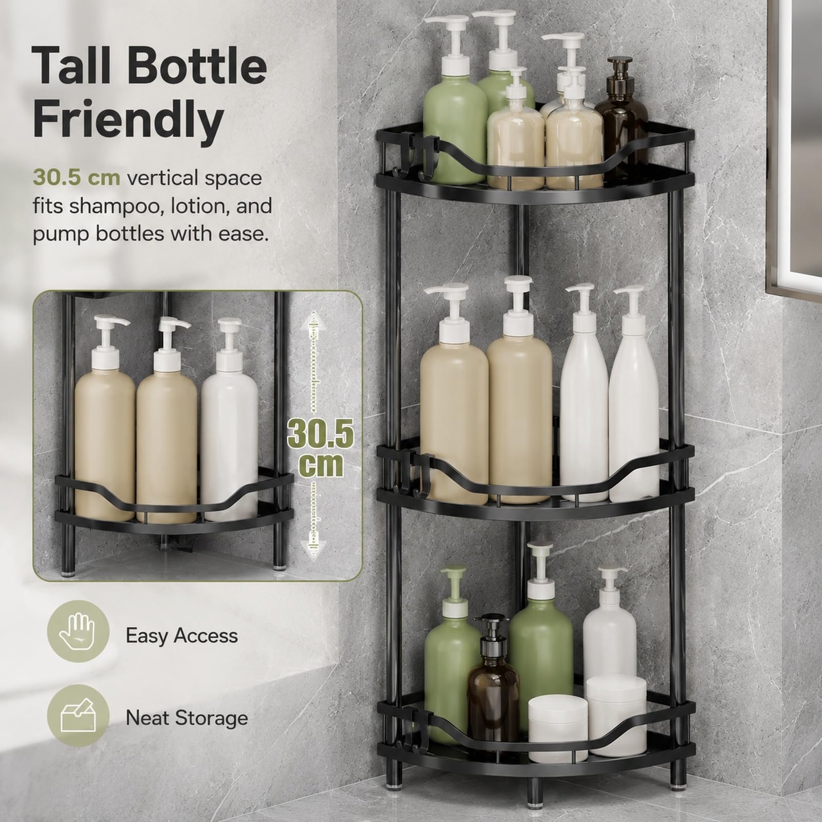 GOOGO Scaffale doccia senza foratura a 3 ripiani, mensola da bagno da terra per doccia e lavabo, organizer angolare freestanding in metallo con design drenante (nero)