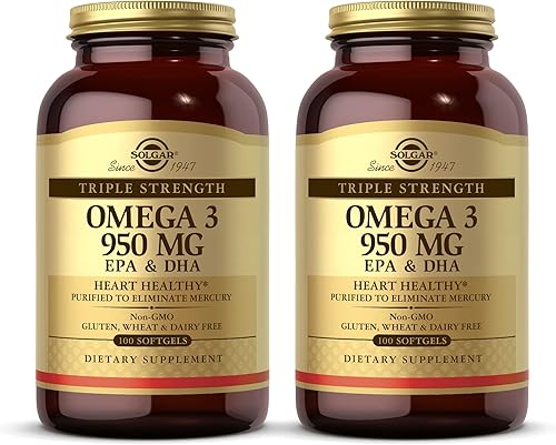 Solgar Triple Strength Omega 3 950 mg - 100 cápsulas blandas, paquete de 2 - Apoya la salud de las articulaciones y la piel - Sin OMG, sin gluten,
