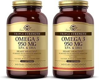 Solgar Triple Strength Omega 3 950 mg - 100 Softgels, Pack of 2 - Supports Joint & Skin Health - Non-GMO, Gluten Free, Dairy Free - 200 Total Servings