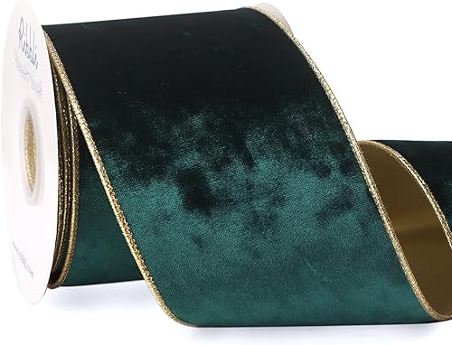 Vista 194 de Ribbli - Cinta de terciopelo dorado verde oscuro metálico con alambre de 2.5 pulgadas, cinta navideña de terciopelo arrugado para envoltura, decorar