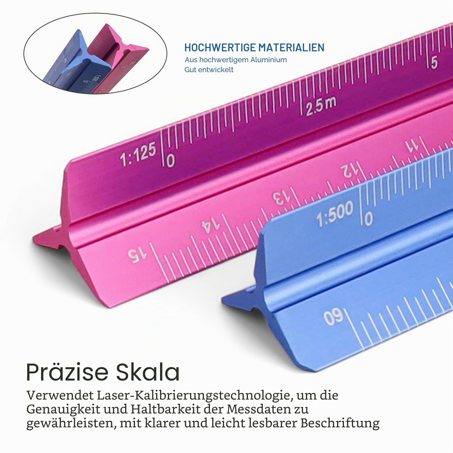 2 Stück Maßstab Lineal, Metall Aluminium-Lineal, Dreikantmaßstab, Metrischer Maßstab 1:20 1:25 1:50 1:75 1:100 1:125 1:100 1:200 1:250 1:300 1:400 1:500, für Technisches Design, Zeichnen
