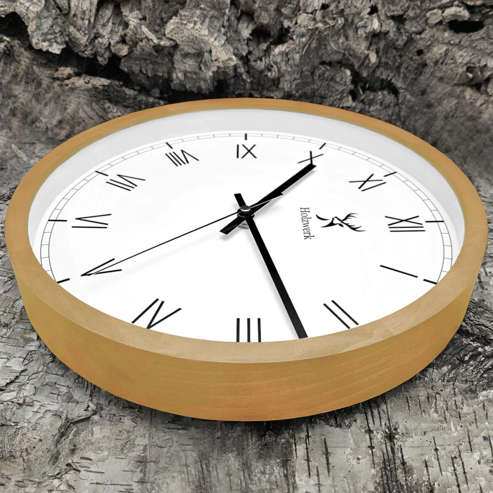 Holzwerk Germany Natur Holz Wanduhr Holz-Uhr Vintage lautloses Uhrwerk ohne Tickgeräusche römische Ziffern Braun Weiß lautlos aus handgefertigtem Massivholz Natur 30 cm (Römisch.Buche)