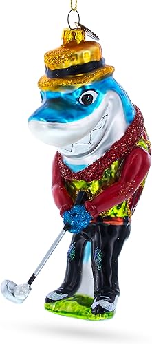 Adorno navideño de vidrio soplado de tiburón jugando golf