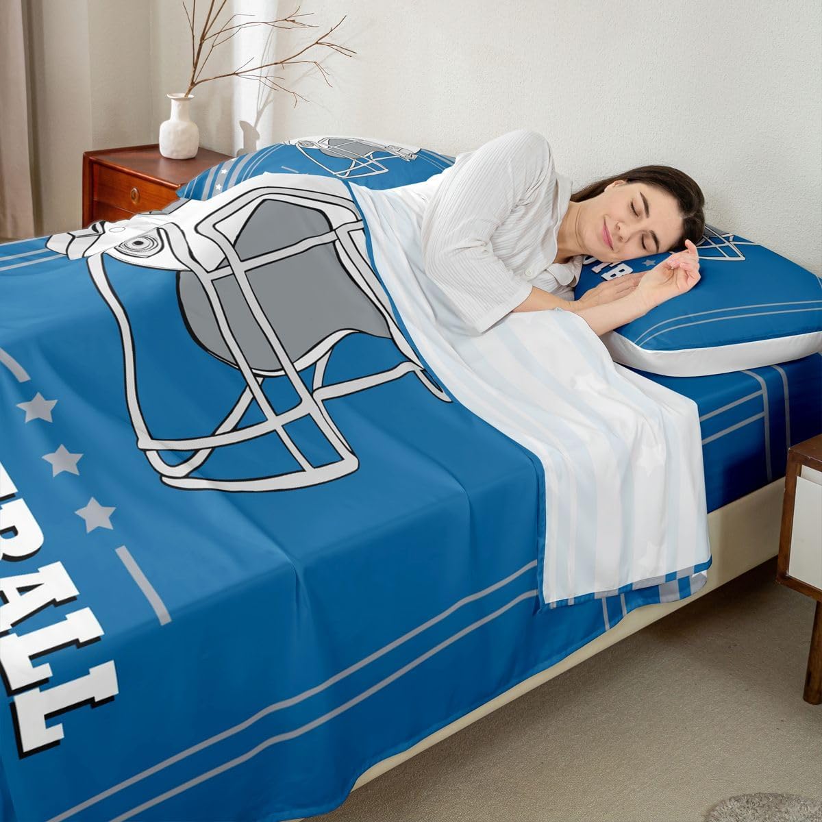 Erosebridal Gridiron Sheet Set for Boys Girls Kids Sports Bed Sheets Full, Rugby Sports Decor Bedding Sets White and Blue City Sheets Football Fans Gifts - Image 4