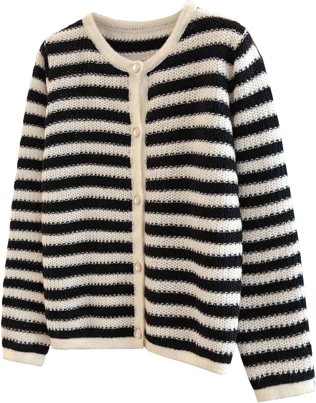 OYOANGLE Women's Striped Button Up Cardigan Sweater Crewneck Dressy Knit Fall Outerwear