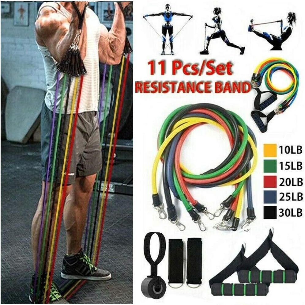 Simxen Latex Resistance Exercise Bands Include 5 Different Levels, Door Anchor, Foam Handles and Carrying Bag for Workout for Men and Women (Multicolour) ,