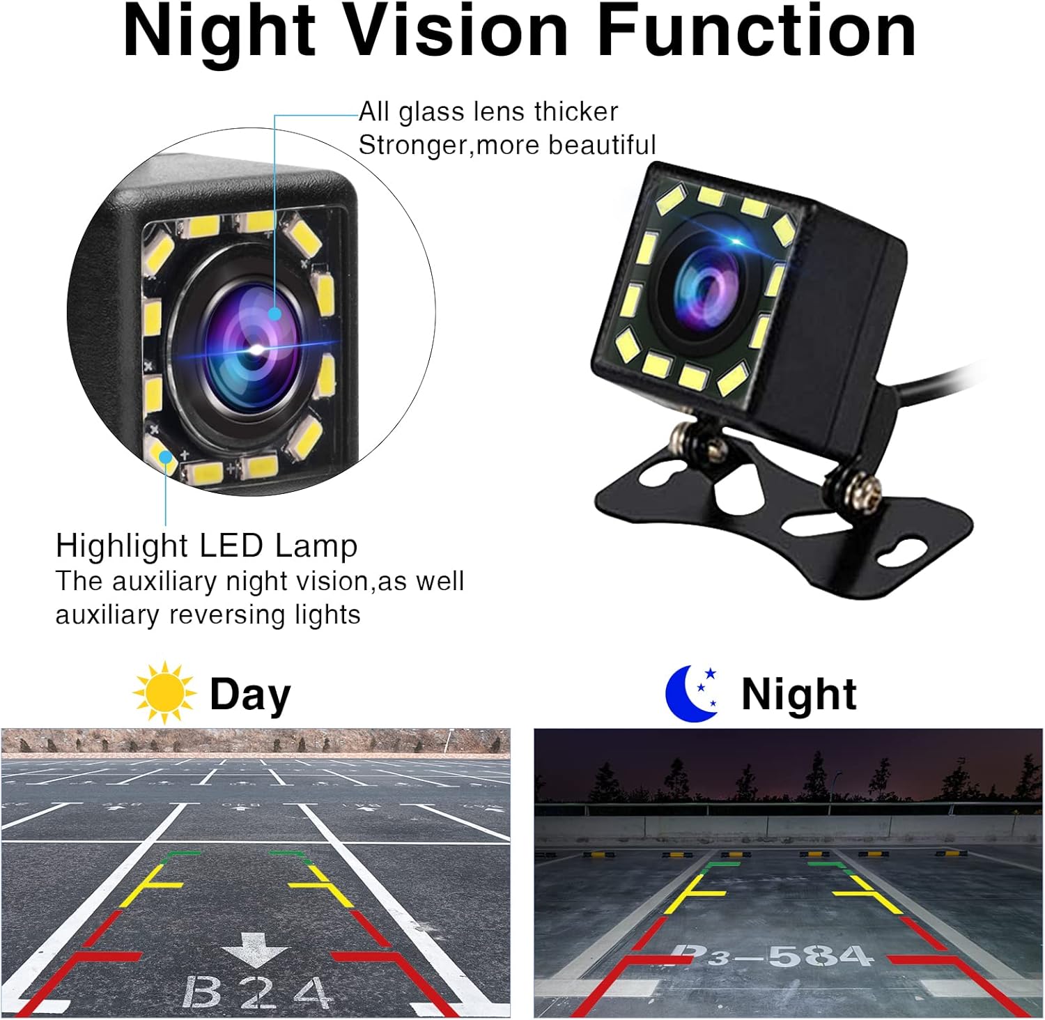 Comparison of Carpuride backup camera view in day and night conditions with parking lines