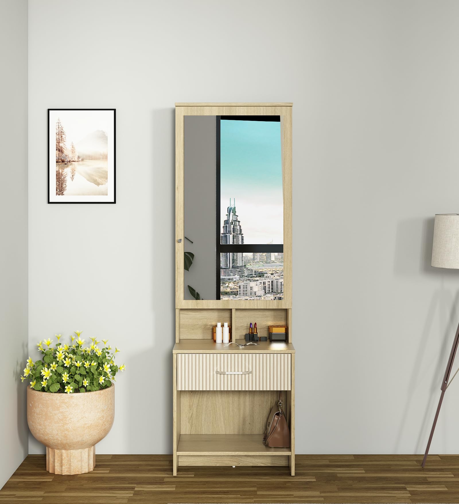 Spacewood Dressing Table | Cleo | 3 Year Warranty | 2 Shelves & 1 Drawer, Vanity Table for Bedroom, Living Room, and Home| Engineered Wood | Santana Oak & Bamboo Flute-picture-19