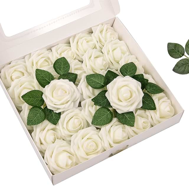 Beautiful Handmade Artificial Roses 25 per Box with 8 Sets of Leaves. Fake Flowers with 3" Head, 8" Wire Stem, Impressive ...