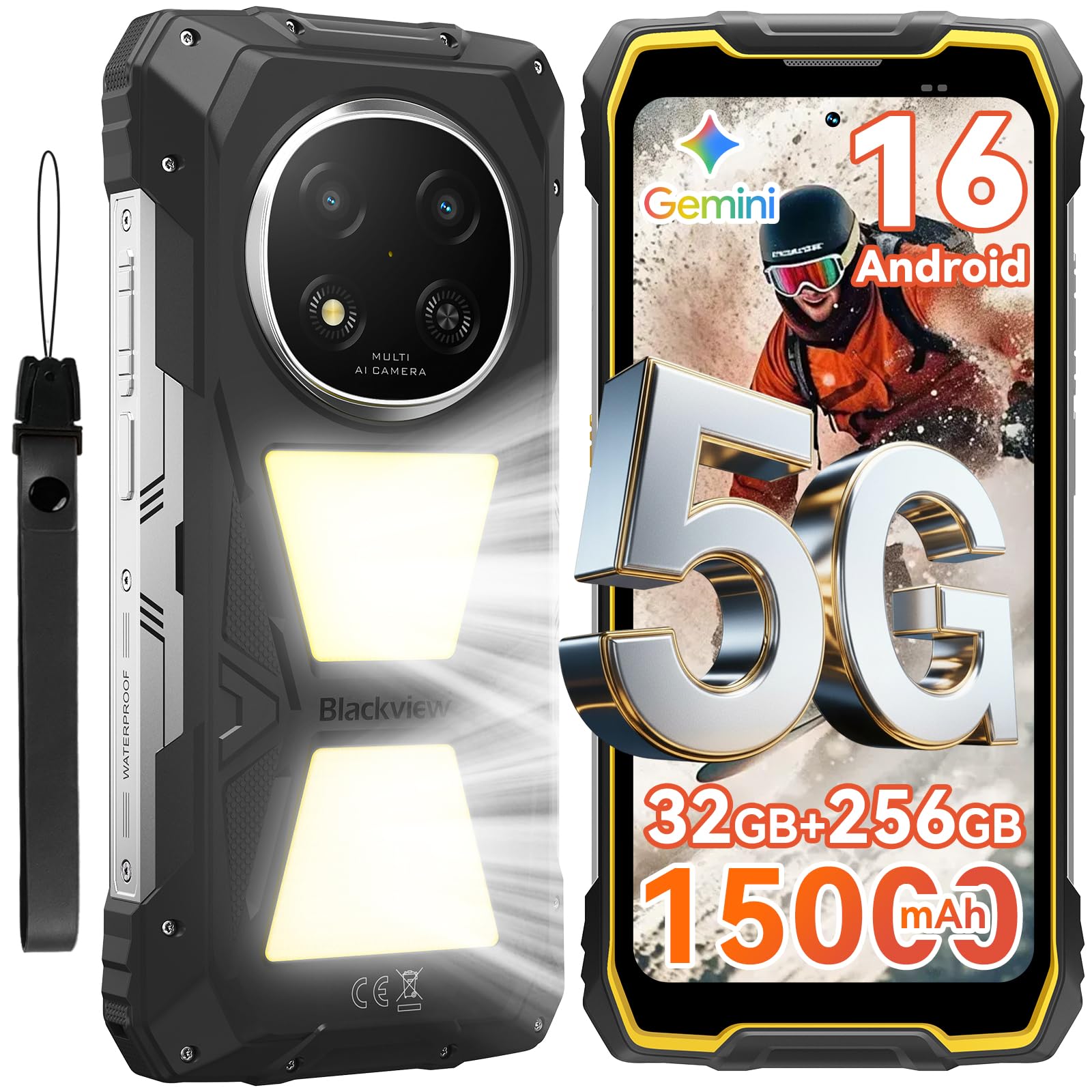 Blackview ROCK 2 Pro Rugged Smartphone, Android 16 Smartphone Rugged 5G 32GB+256GB, 6.67" HD+ Display 120Hz 15000mAh IP69K, 16MP AI Kamera, NFC/OTG/GPS/Gemini AI/Glove Mode 2.0
