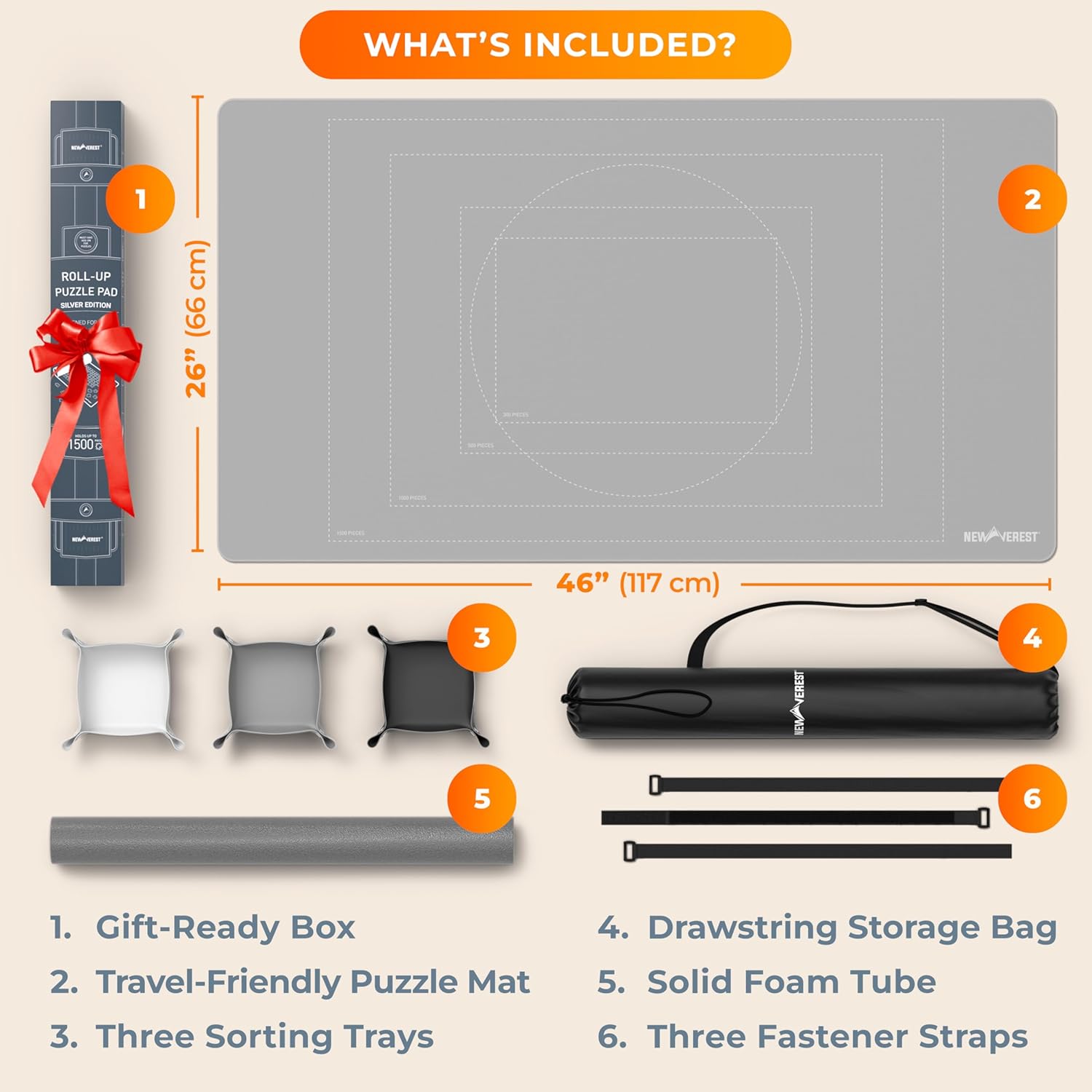 The Original Newverest Jigsaw Puzzle Mat Roll Up, Silver, 46” x 26” Portable Keeper Up to 1500 Pieces with Non-Slip Rubber Bottom & Smooth Top + 3 Puzzle Sorting Trays & Travel-Friendly Storage Bag 1500pcs Silver