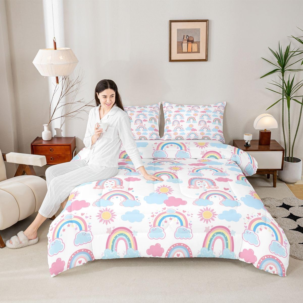 Erosebridal Boho Rainbow Bedding Kawaii Pink Sun Clouds Rainbow Twin Bed Comforter Set, Cartoon Love Heart Bohemian Rainbow Comforter Set Soft Microfiber Quilt with 1 Pillowcase (Pink Blue White)