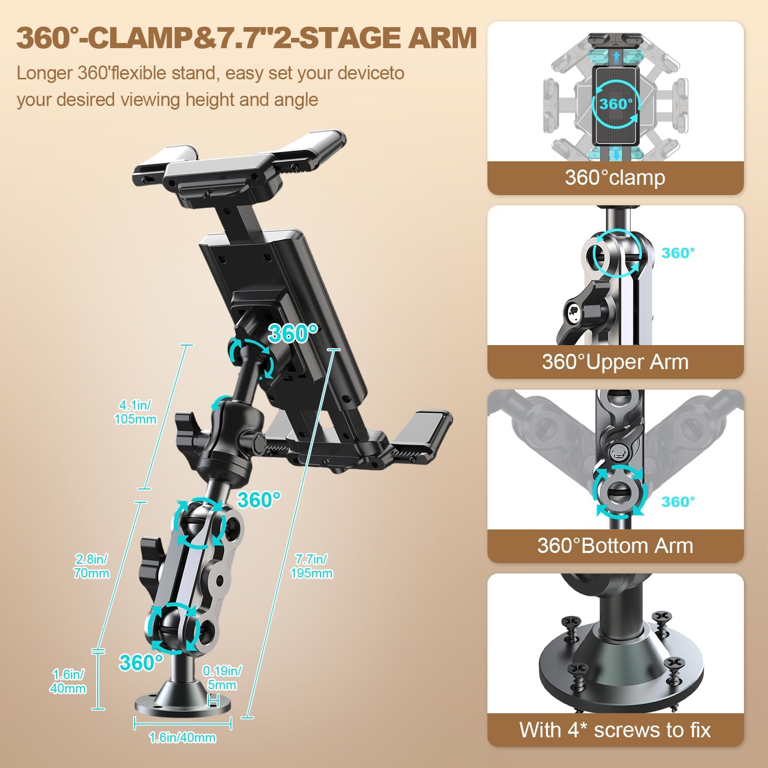 WUITIN Aluminum Heavy Duty Drill Base Tablet Holder Car Mount Dashboard, 360° Adjustable 2-Stage Stand for 4.7-12.9" iPad Pro/Air/Mini/Samsung Galaxy Tab, for Car Truck Wall Desk Commercial Vehicle