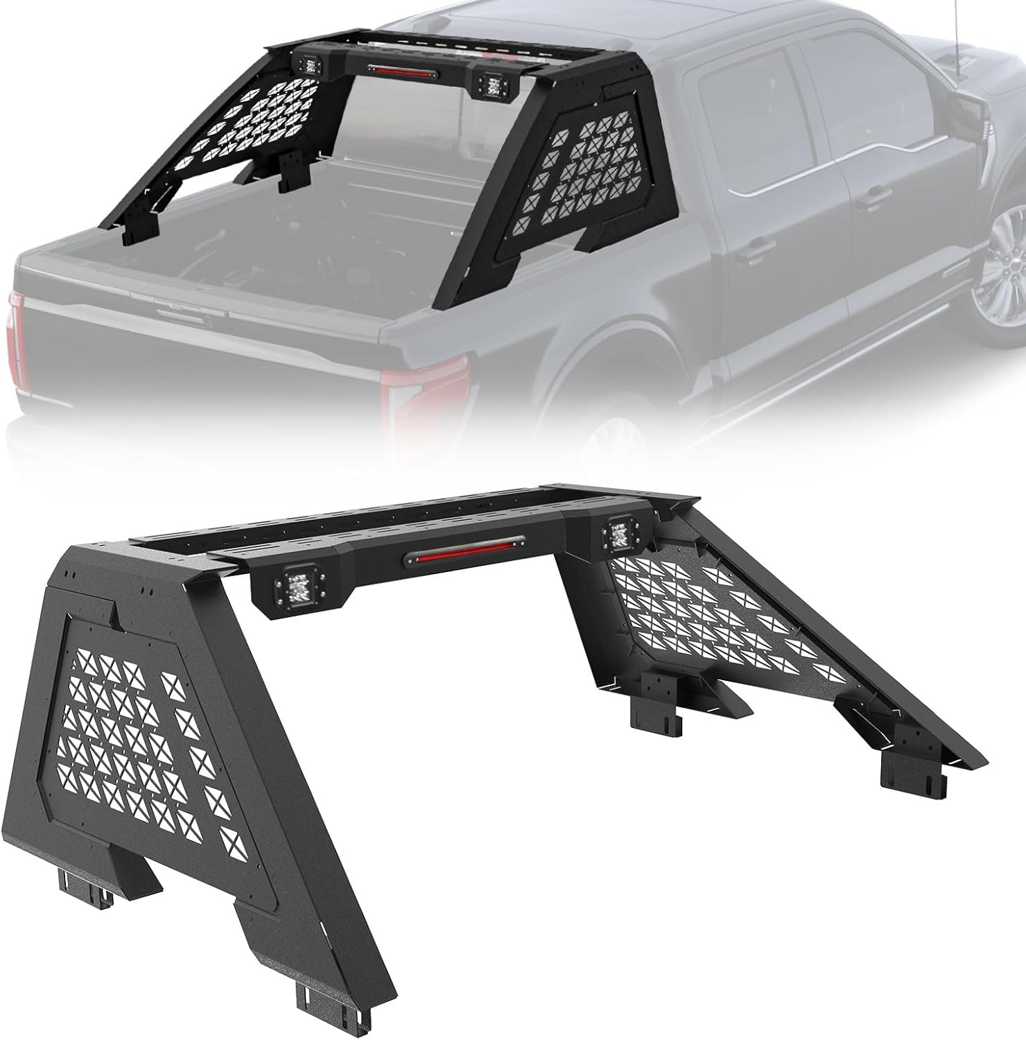 Roll Bar Adjustable Fit for Chevy Silverado/GMC Sierra 07-25 & Dodge Ram 1500 19-25 & Ford F150 04-25 & Toyota Tundra 07-25 Chase Rack Sport Roll Bar Full Size Pickup Trucks w/LED Light & Brake Light