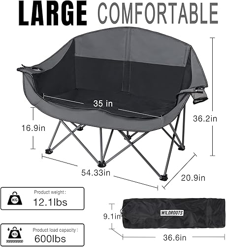 Miniatura 2 de WILDROOTS Silla doble plegable para acampar al aire libre para adultos 2 personas, sofá biplaza resistente de 600 libras con 2 portavasos, bolsa de