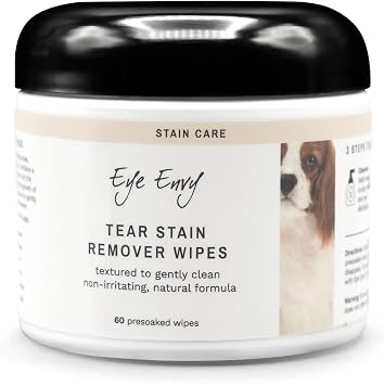 Eye Envy Tear Stain Wipes for Dogs. Textured to Gently Clean. Presoaked in Natural Formula. Recommended by AKC Breeders, Professional Groomers. Cleans Staining. USA Made. 60 Wipes
