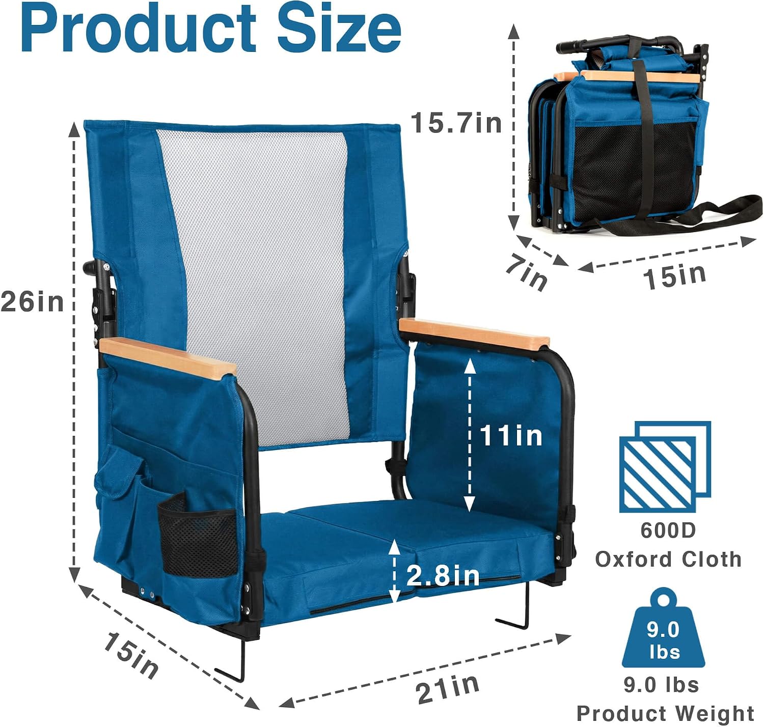 behairity Extra Wide Stadium Seats with Back Support, Bleacher Chairs with High Back and Cushion, Padded Portable Fording Bleacher Seat with Armrests, Cup Holder and Storage Pockets (Blue)